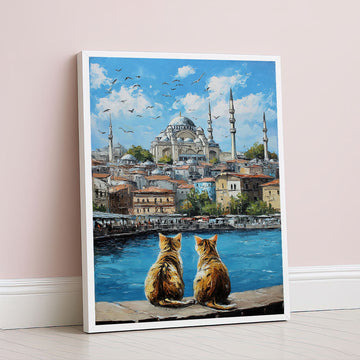 Enchanting Cats Gazing Over Istanbul Skyline Canvas Wall Art
