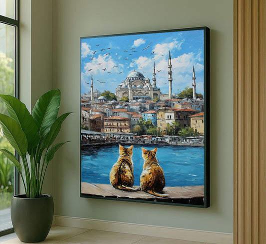 Enchanting Cats Gazing Over Istanbul Skyline Canvas Wall Art
