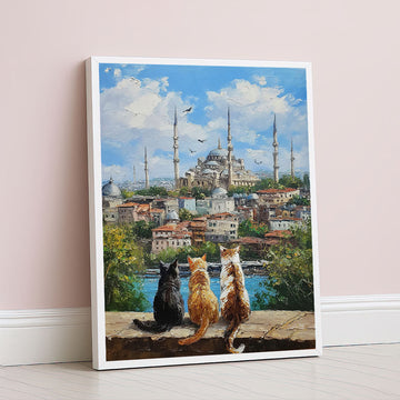 Charming Cats Overlooking Istanbul Skyline Canvas Wall Art