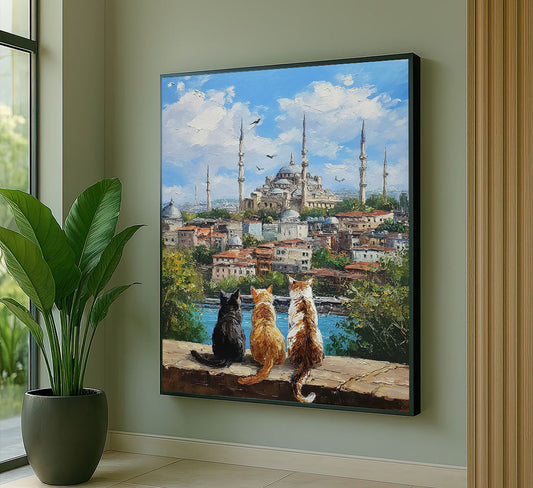 Charming Cats Overlooking Istanbul Skyline Canvas Wall Art