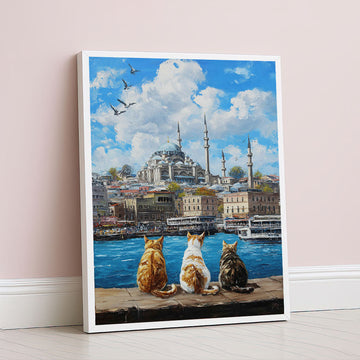 Captivating Trio Of Cats Overlooking Istanbul Canvas Wall Art