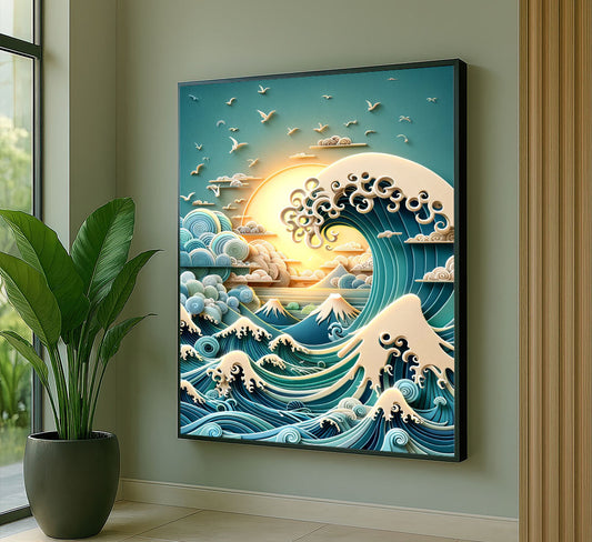 Majestic Ocean Wave And Sunburst Canvas Wall Art