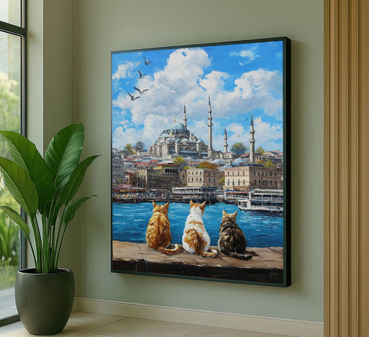 Captivating Trio Of Cats Overlooking Istanbul Canvas Wall Art