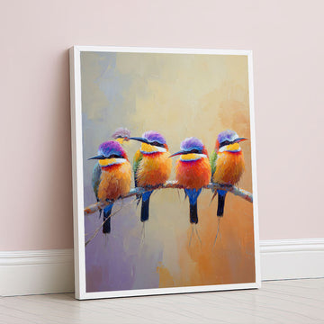 Vibrant Colorful Birds Perched On Branch Canvas Wall Art