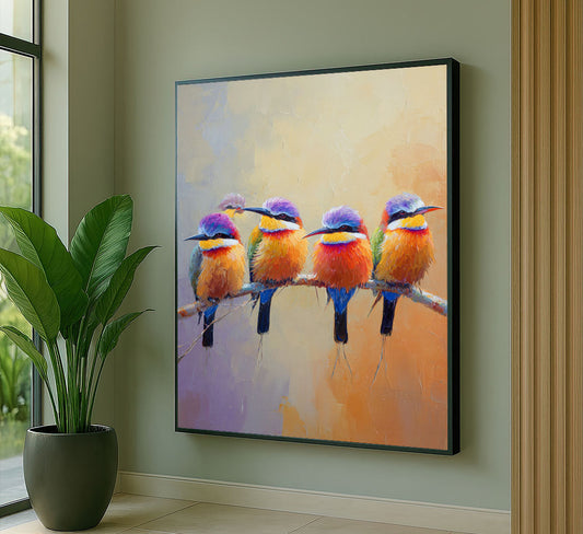 Vibrant Colorful Birds Perched On Branch Canvas Wall Art