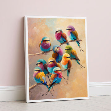 Vibrant Colorful Birds On Branch Canvas Wall Art