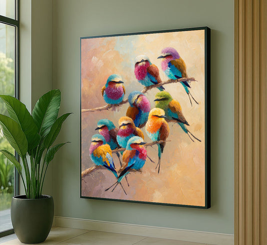 Vibrant Colorful Birds On Branch Canvas Wall Art
