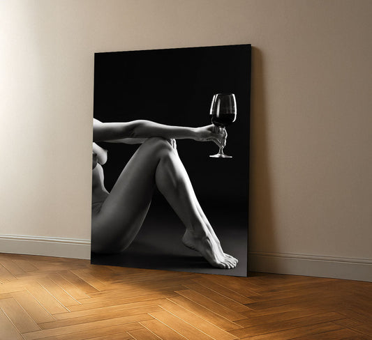 Elegant Nude Woman Holding Wine Glass Canvas Wall Art