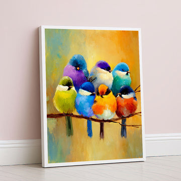 Vibrant Colorful Birds On Branch Canvas Wall Art