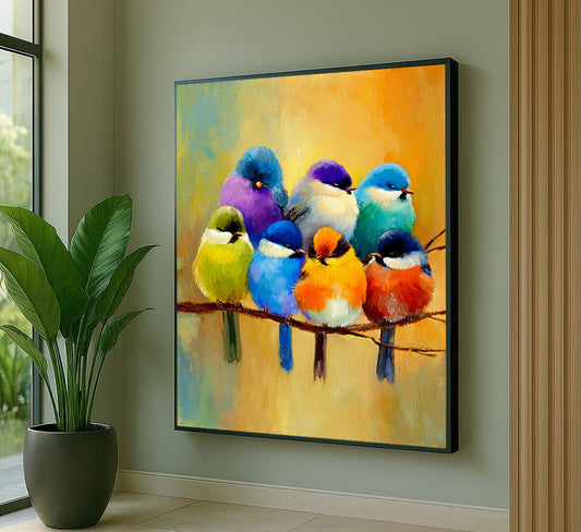 Vibrant Colorful Birds On Branch Canvas Wall Art