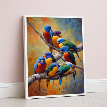 Vibrant Colorful Birds On Branch Canvas Wall Art