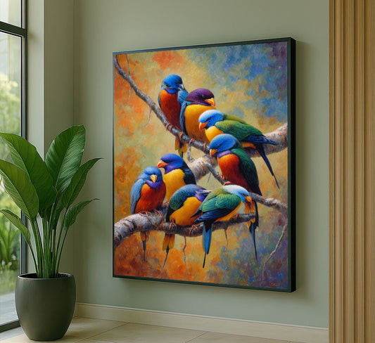 Vibrant Colorful Birds On Branch Canvas Wall Art