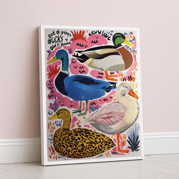 Vibrant Colorful Ducks On Pink Background Canvas Wall Art