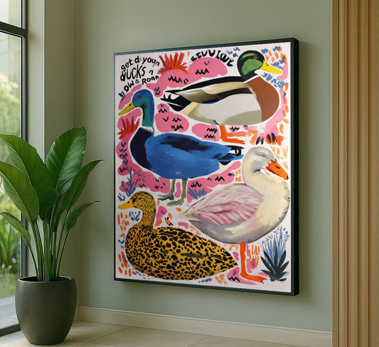 Vibrant Colorful Ducks On Pink Background Canvas Wall Art