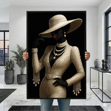 Elegant Black Woman in Pearl Fashion Canvas Wall Art Print | Chic Living Room Decor | Statement Piece