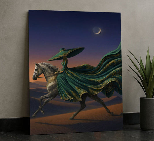 Mystical Woman In Green Gown On Horse Canvas Wall Art