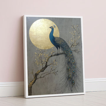 Elegant Blue Peacock Under Golden Moon Canvas Wall Art