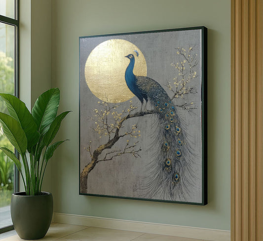 Elegant Blue Peacock Under Golden Moon Canvas Wall Art