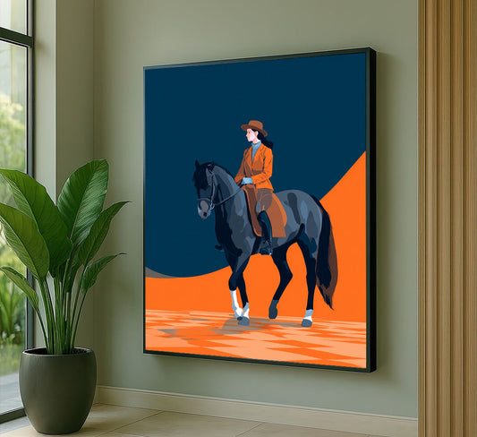 Elegant Woman Riding Black Horse Canvas Wall Art