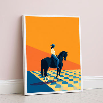 Majestic Woman Riding Black Horse With Orange Canvas Wall Art