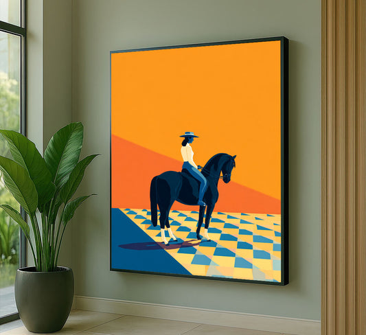 Majestic Woman Riding Black Horse With Orange Canvas Wall Art