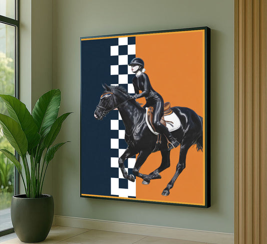 Dynamic Equestrian Rider On Black Horse Canvas Wall Art