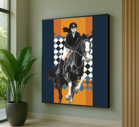 Dynamic Equestrian Woman On Black Horse Canvas Wall Art