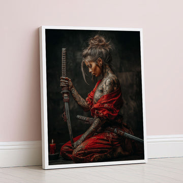 Enchanting Tattooed Samurai Woman In Red Canvas Wall Art