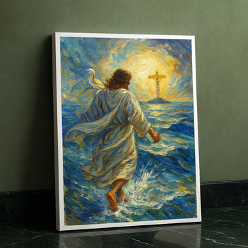 Mystical Jesus Walking On Water With Cross Canvas Wall Art