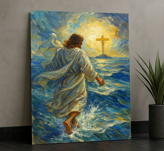 Mystical Jesus Walking On Water With Cross Canvas Wall Art