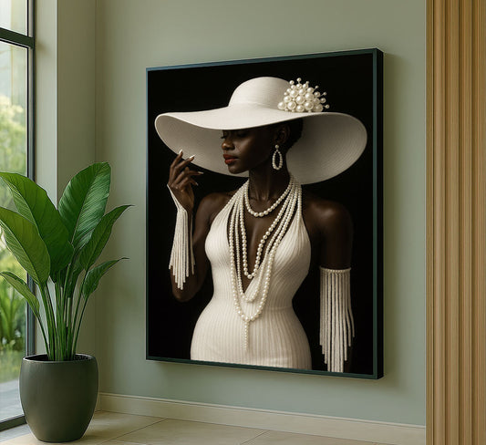 Elegant Black Woman In Pearl Fashion Canvas Wall Art