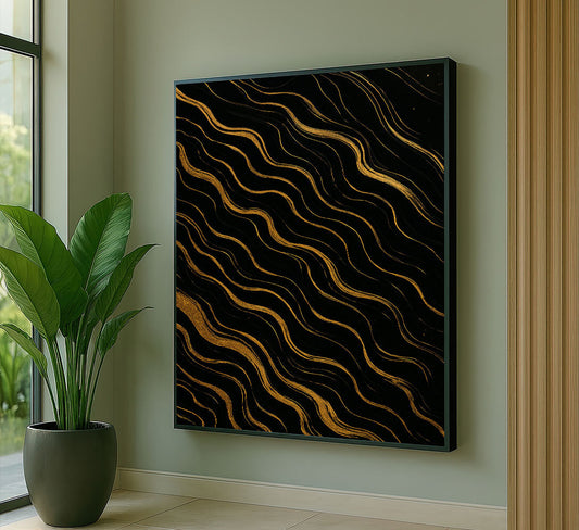 Dramatic Black And Gold Wavy Lines Canvas Wall Art
