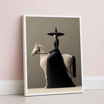 Elegant Woman In Black On White Horse Canvas Wall Art