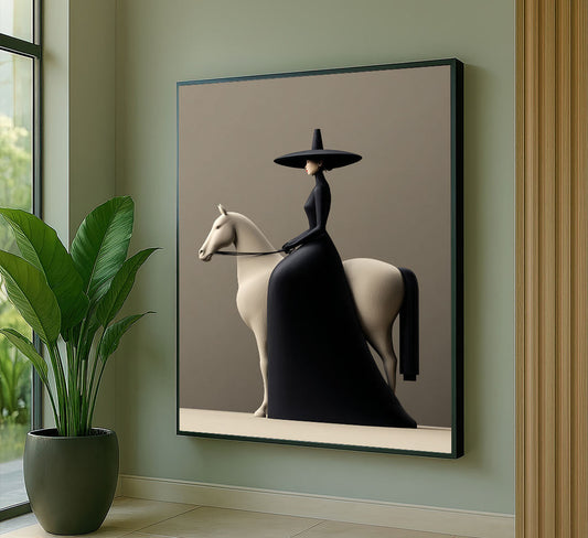 Elegant Woman In Black On White Horse Canvas Wall Art
