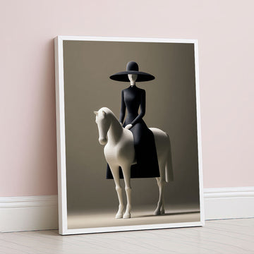 Elegant Woman In Black Hat On White Horse Canvas Wall Art
