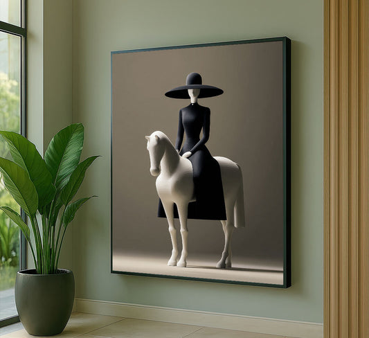 Elegant Woman In Black Hat On White Horse Canvas Wall Art