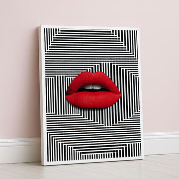 Striking Red Lips On Black And White Stripes Canvas Wall Art