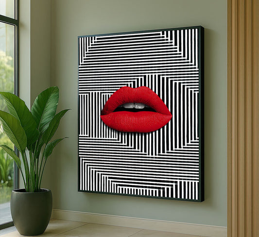 Striking Red Lips On Black And White Stripes Canvas Wall Art