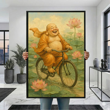 Joyful Buddha on Bicycle Canvas Wall Art Print | Whimsical Zen Living Room Decor | Ready to Hang