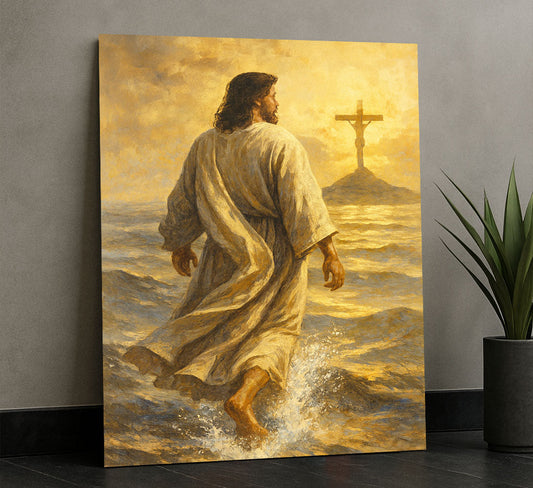 Mystical Jesus Walking Toward Cross Canvas Wall Art