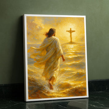 Mystical Jesus Walking Toward Cross In Golden Light Canvas Wall Art