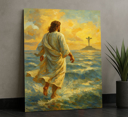 Mystical Jesus Walking On Water At Sunset Canvas Wall Art