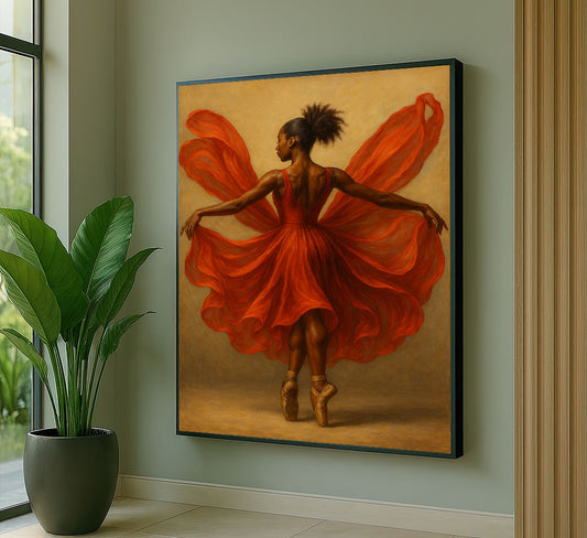 Graceful Ballerina In Flowing Red Dress Canvas Wall Art