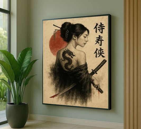 Enchanting Samurai Woman With Dragon Tattoo Canvas Wall Art