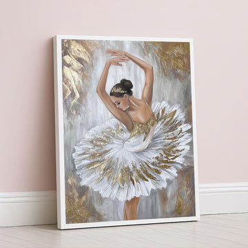 Elegant Ballerina In Gold And White Canvas Wall Art