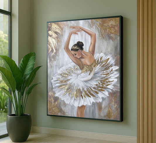 Elegant Ballerina In Gold And White Canvas Wall Art