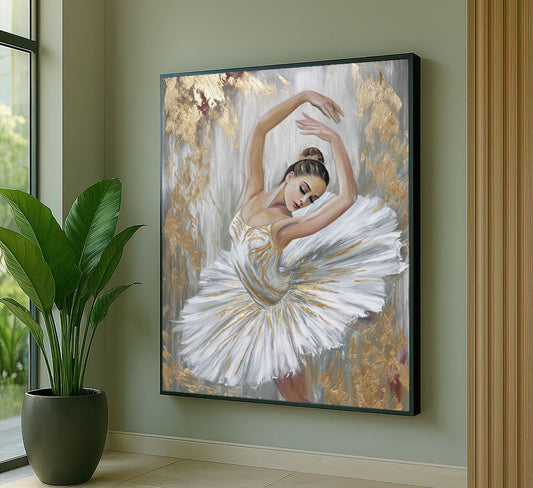 Graceful Ballerina In White And Gold Dress Canvas Wall Art
