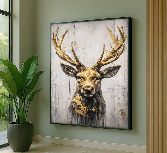Majestic Golden Deer With Antlers Canvas Wall Art