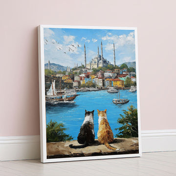 Charming Cats Overlooking Istanbul Skyline Canvas Wall Art