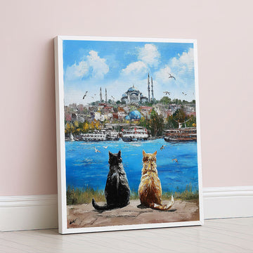 Enchanting Cats Watching Istanbul Skyline Canvas Wall Art